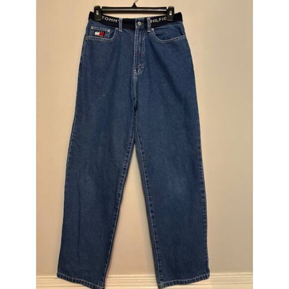 Vintage 90s Tommy Hilfiger Jeans Womens High Waisted Baggy Spell Out Logo - Picture 1 of 7